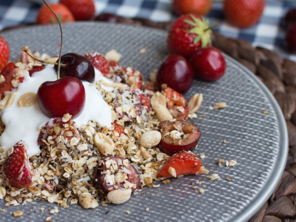 Granola with cherries and strawberrie